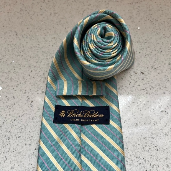Brooks Brothers Blue Teal Yellow Pink Striped Pure Silk Made in USA Tie - Picture 6 of 11